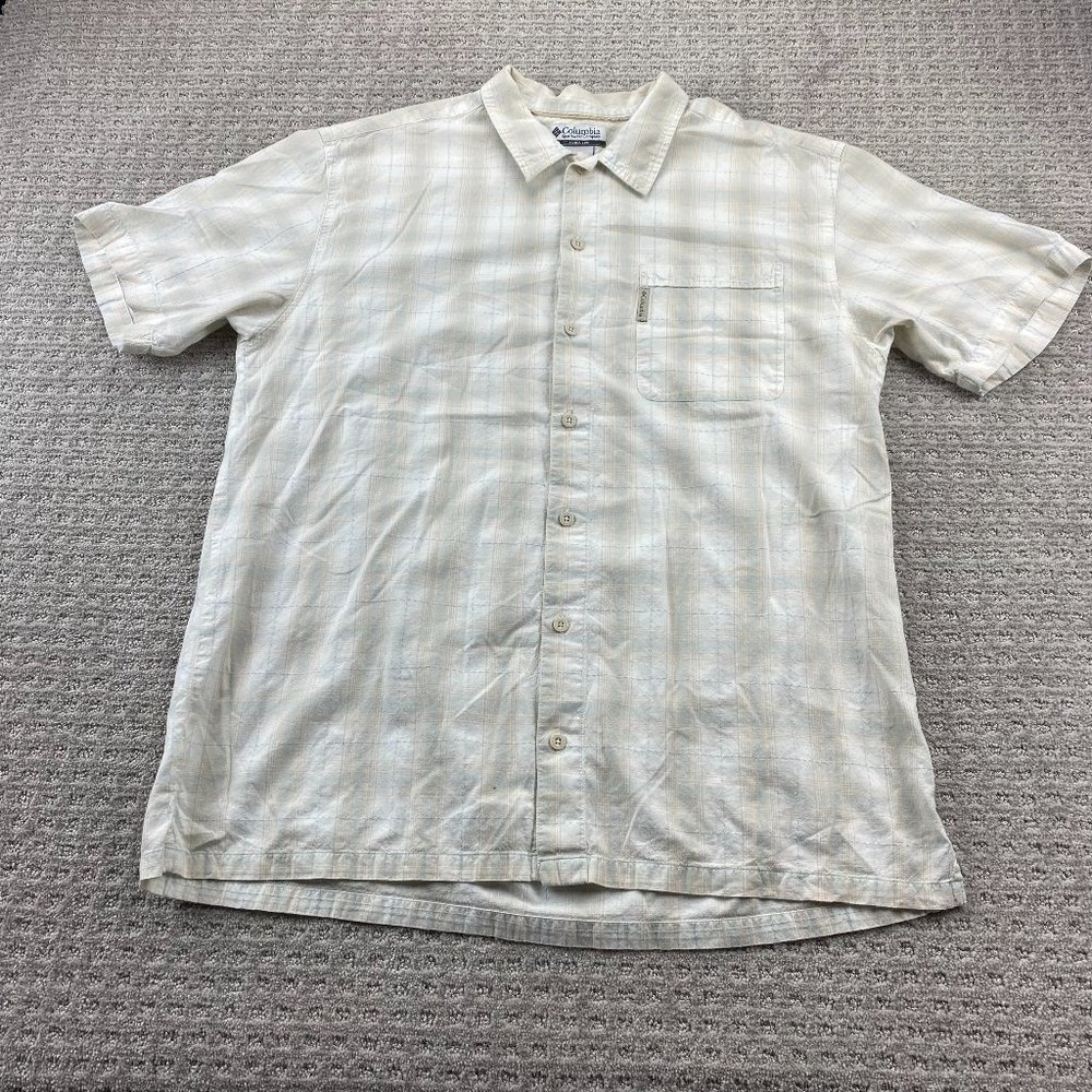 Vintage Columbia Shirt Men Extra Large XL Beige Plaid Casual Button Up Polo